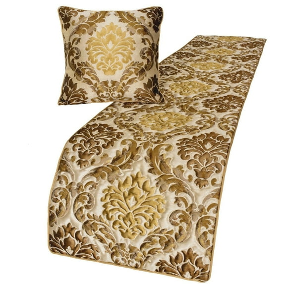 King Queen Twin Gold & Brown Handmade CA King 86"x18" Bed Runner without Pillow Cover, Damask & Quilted Bed Scarf on Silk fabric - Royal Mughal