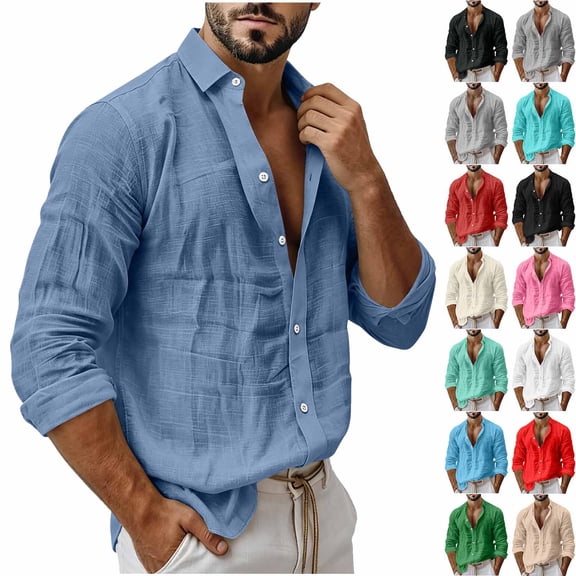 Yertdoel Linen Shirts for Men Long Sleeve Lapel Collar Solid Button Up Shirt Daily Trendy Soft Cozy Beach Casual Tops
