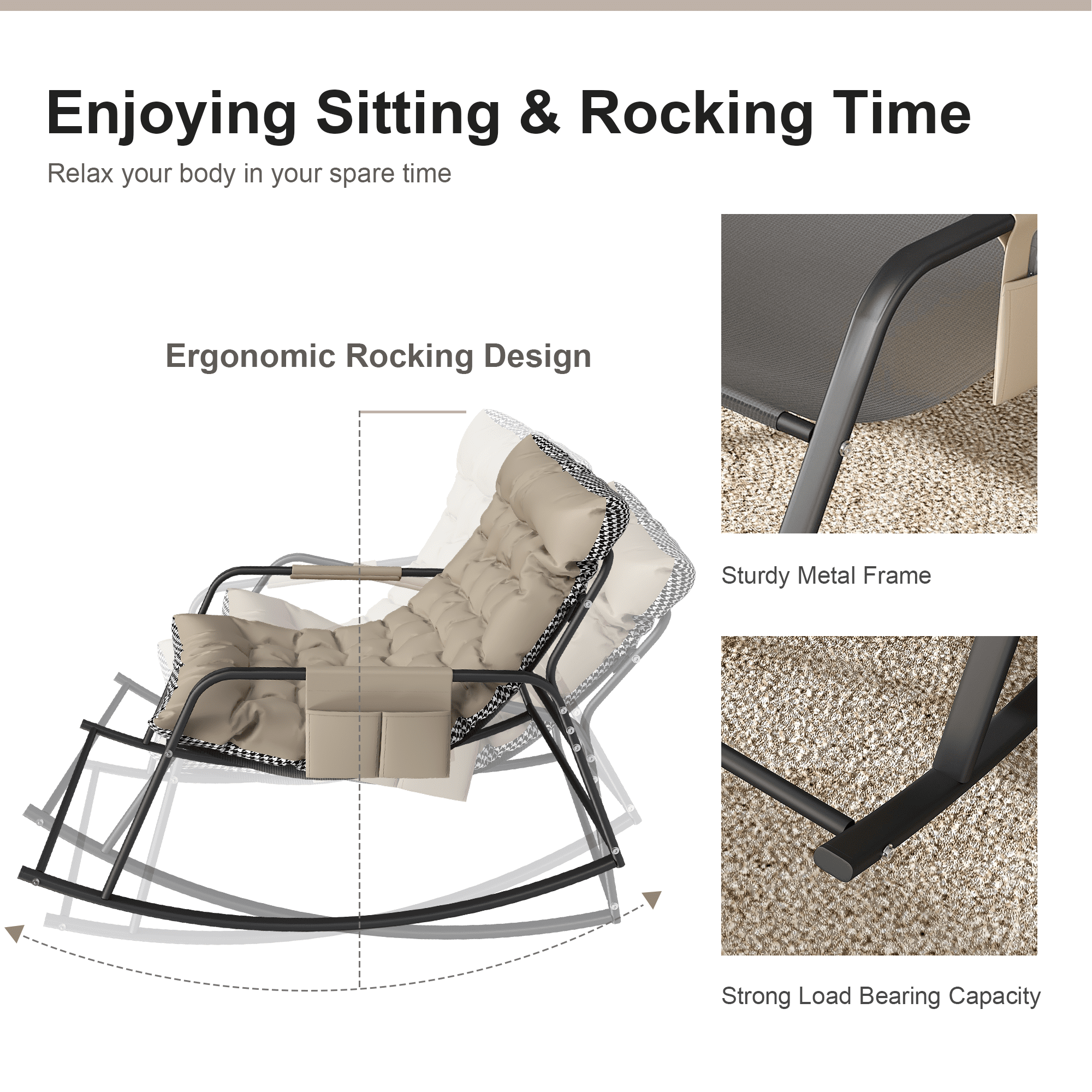 Rocking Chair with Cushions & Armrests, Comfort Lounge Recliner, Breathable Ergonomic Lounge Chair for Bedroom, Living Room, Patio, Garden