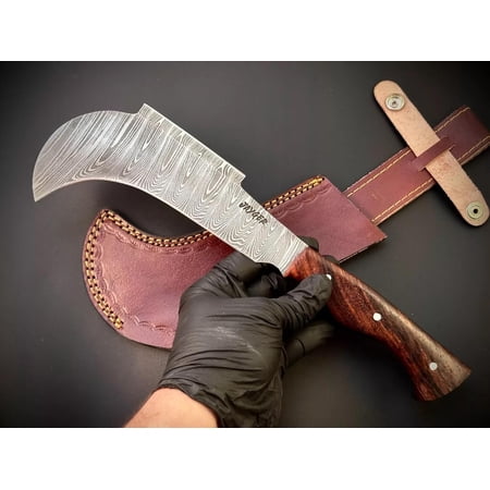 Hand Forged Damascus Steel Billhook Machete Knife - Heavy Duty Sickle Garden Tool for Cutting Trees Yard Work Weeding and Camping - Survival Machete with Leather Sheath and Belt