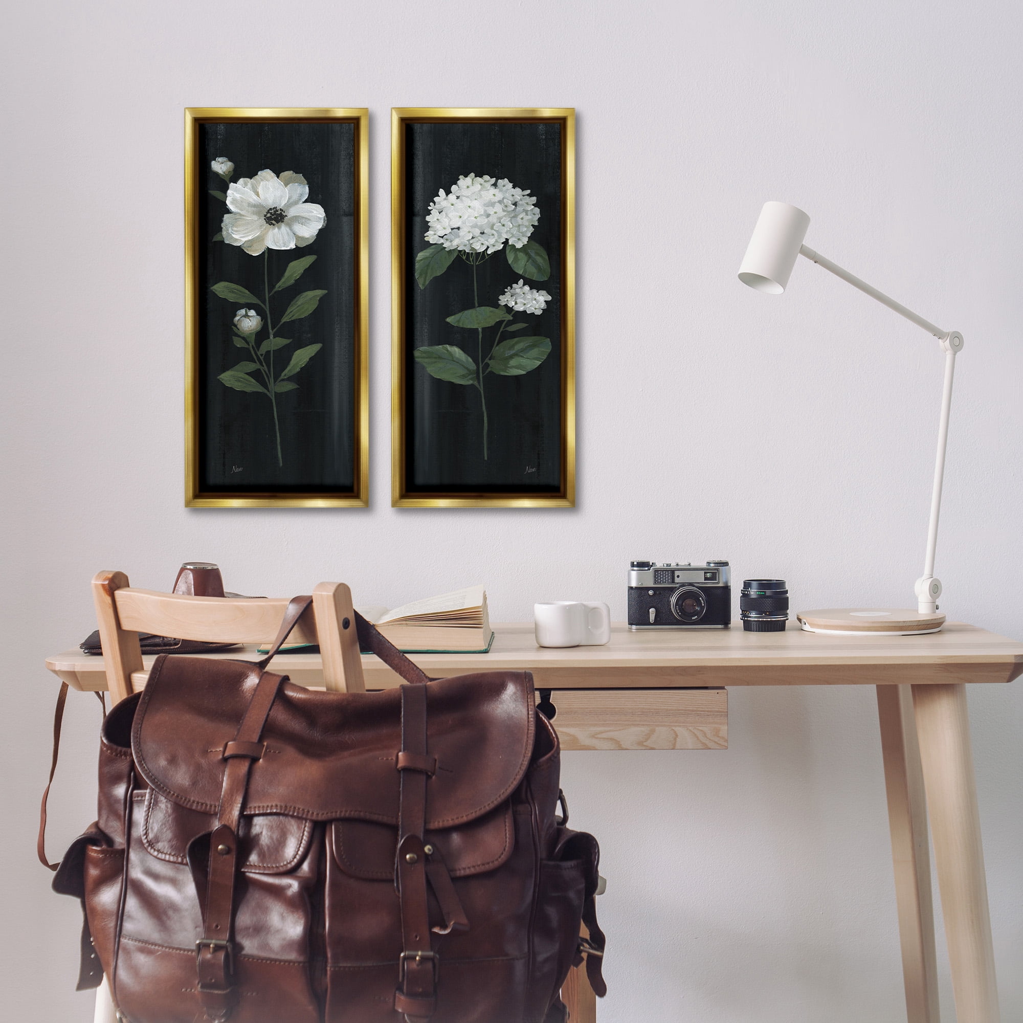 Stupell Industries Delicate White Flower Sprigs Botanical & Floral Painting Gold Floater Framed Canvas Art Print Wall Art, 11 x 25, Set of 2