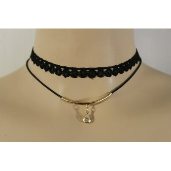Women Gold Mini Charm 2 Strands Choker Necklace Black Fabric Silver Rhinestone