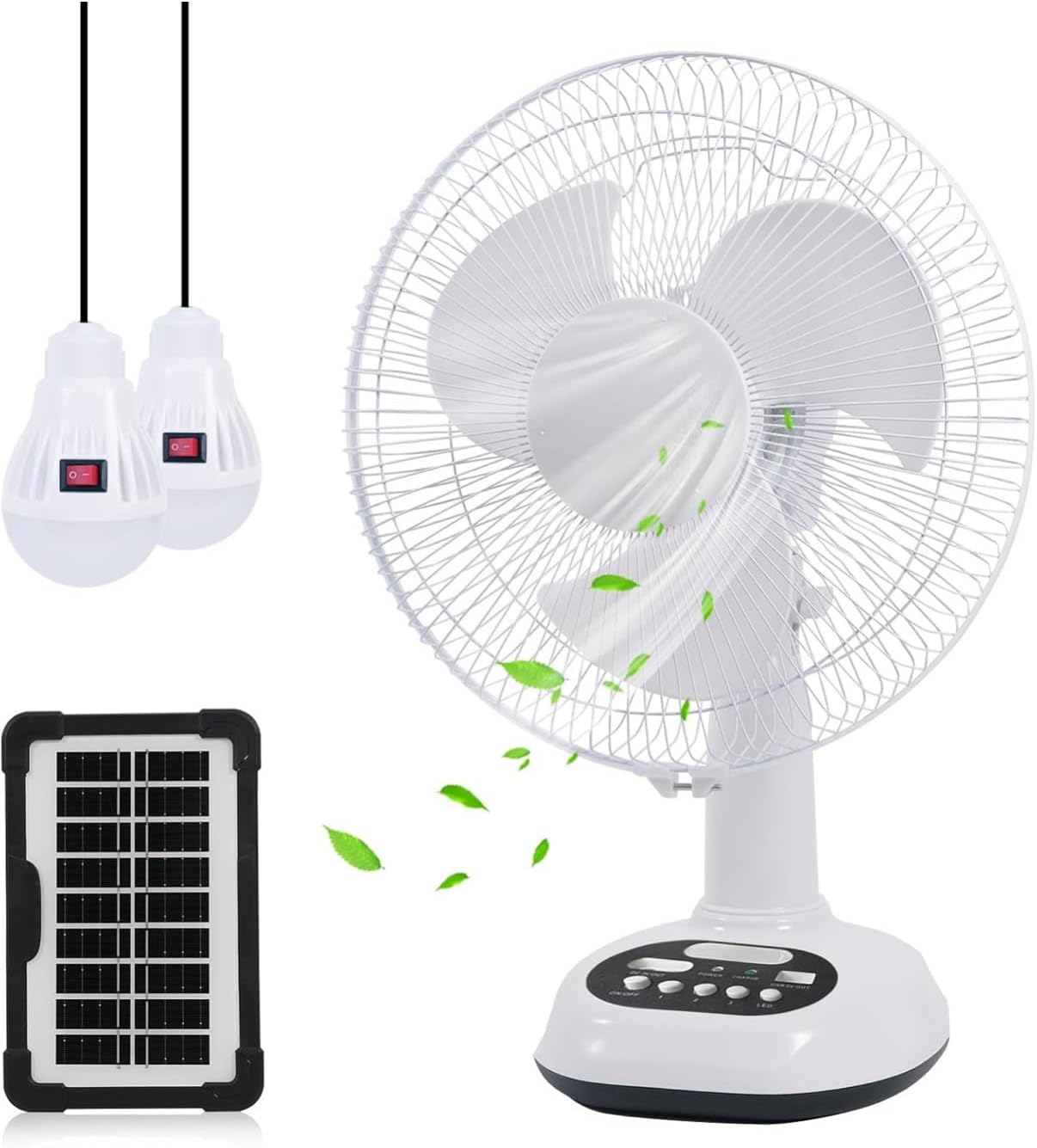 New Rechargeable Fan With solar panel, USB port, night LED light and 2 Free bulbs. Eco-Friendly Cooling