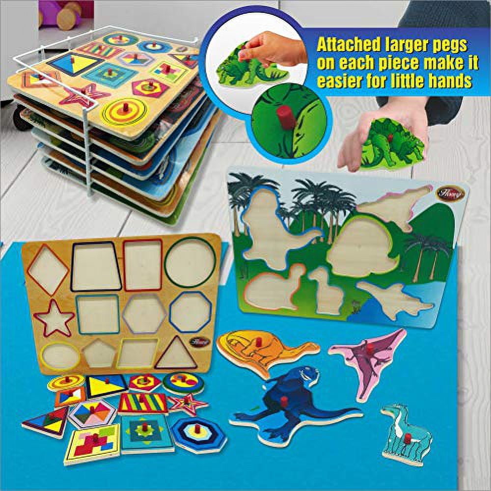 Hoovy Baby Peg Puzzle 6-in-1 Set - 6 Different Themed Educational Knob Puzzles - Alphabet, Numbers, Sea Life, Dinosaurs, Shapes & Vehicles - Bonus: Storage