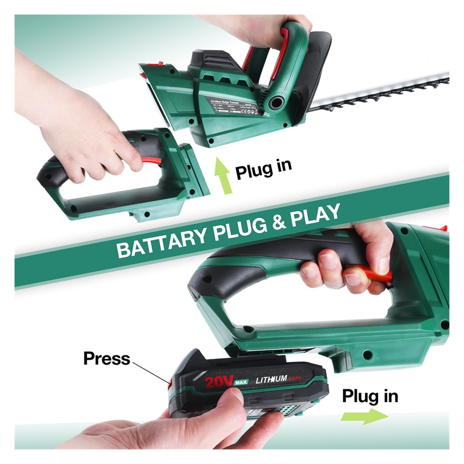 20V Hedge Trimmer Electric Pruning Shear Garden Tool Set 2.0Ah Battery Cutting Length 430MM Cordless Trimmer ,2 IN 1 Trimmer & Edger