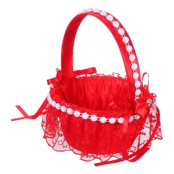 POPETPOP Elegant Red Floral Basket for Wedding Ceremony with Comfortable Handle and Reusable Fabric Design