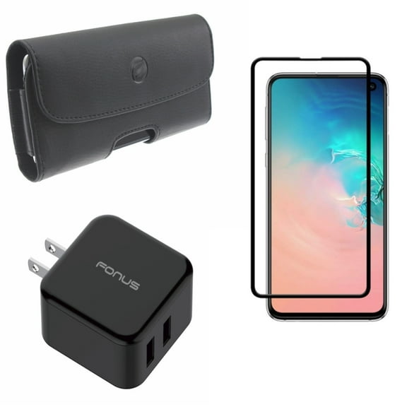 Galaxy S10e Screen Protector w Case Belt Clip w Fast Home Charger - Tempered Glass 5D Curved Edge, Leather Holster Cover, 30W 2-Port USB Quick Charge Port for Samsung Galaxy S10e Phone