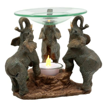 Ebros Trio African Savanna Elephants Trumpeting Oil Warmer Statue Wax Tart Burner Aroma Scent Diffuser Resin Safari Themed Decorative