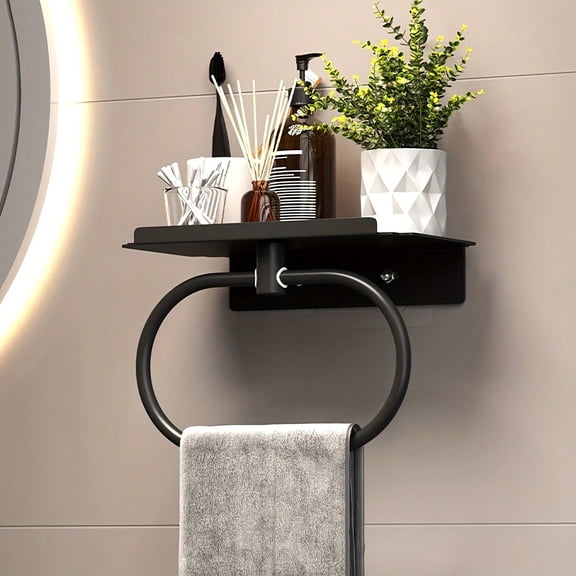 Black Wall-Mounted Towel Ring with Storage Shelf, No-Drill Bathroom Holder