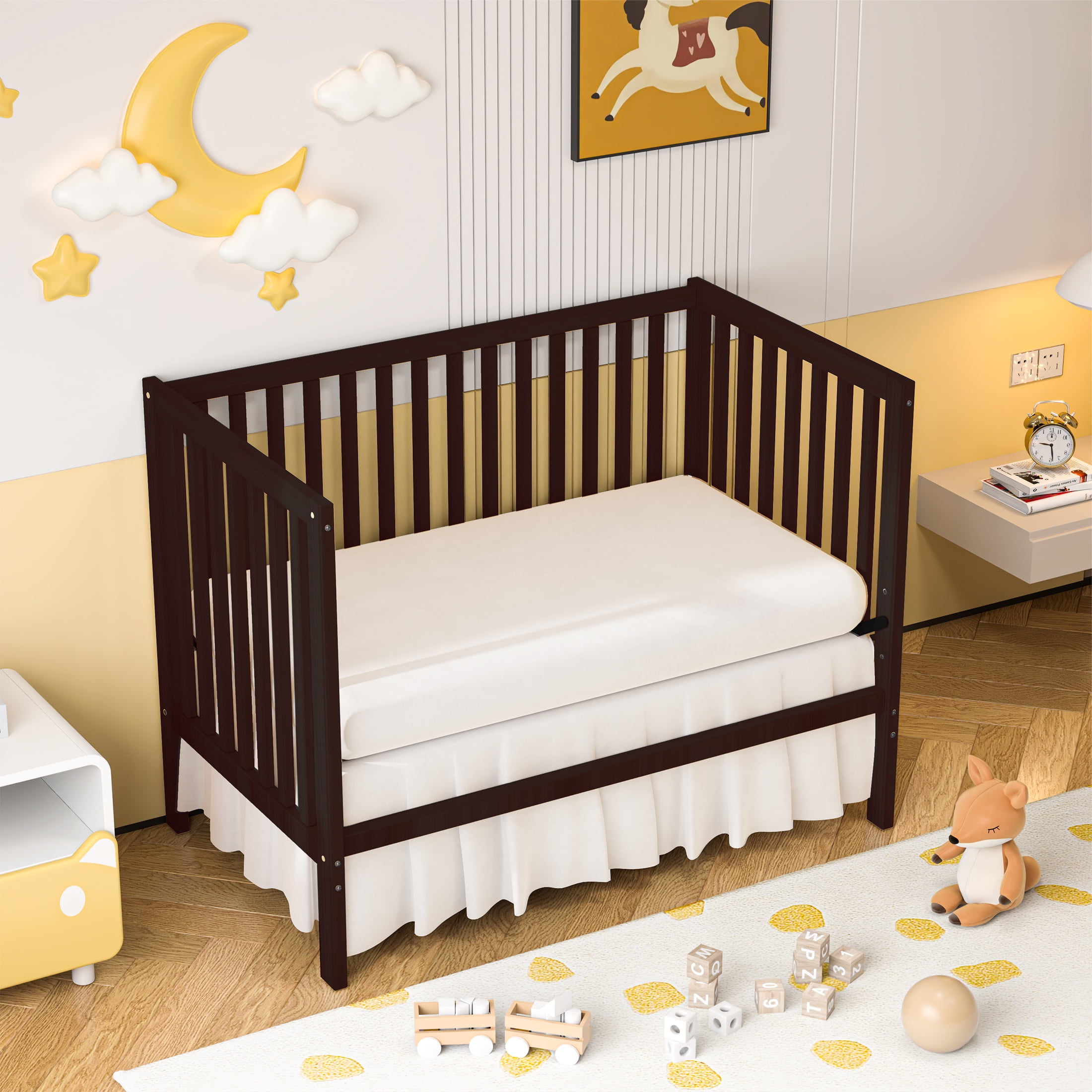 SESSLIFE 5-In-1 Convertible Crib, Espresso Baby Bed, Converts from Baby Crib to Toddler Bed, Fits Standard Full-Size Crib Mattress(Not Included)