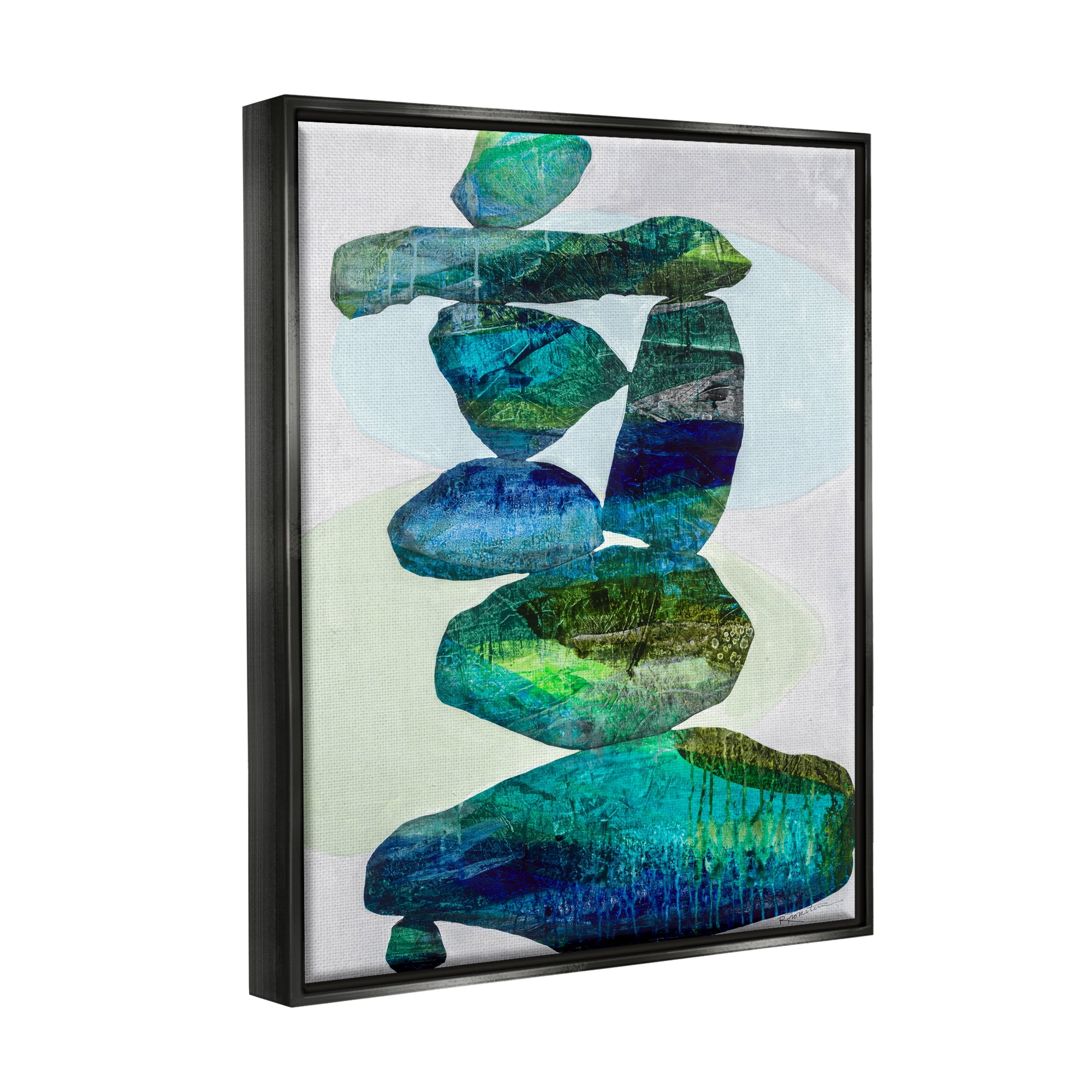 Stupell Industries Vivid Teal Stacked Zen Rocks Abstract Painting Black Floater Framed Art Print Wall Art