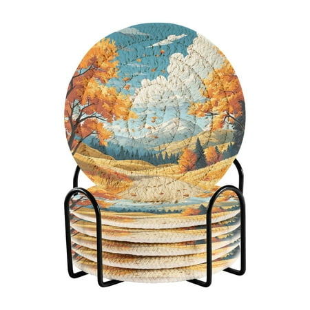 

6-Pack Polyester Coil Coasters with Holder - Heat-Resistant (140℃) Non-Slip & Durable，Fallen Leaves on The Path