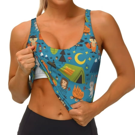 Qokaie Animals In Camping Pattern Womens Scoop Neck Sports Bra Breathable Workout Vest Padded U Back Medium Impact Fitness Gym Yoga Bra Workout Crop Top