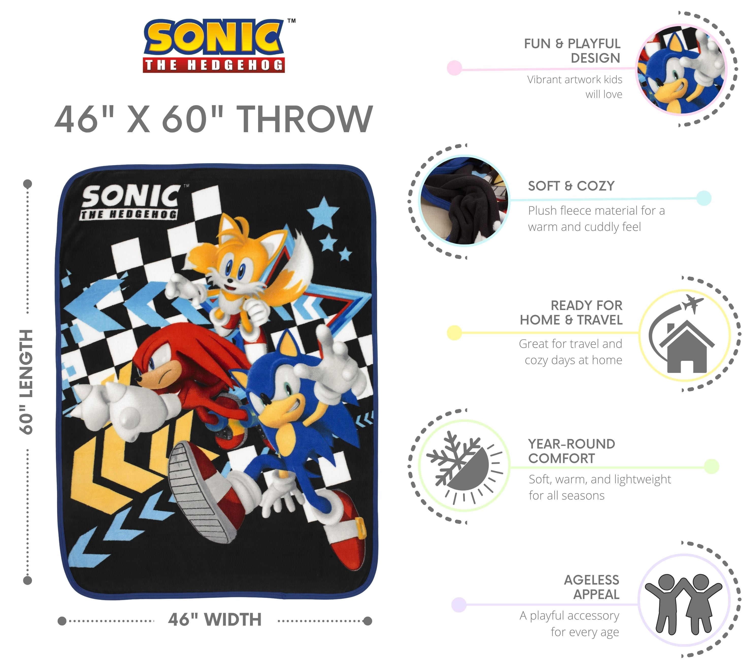 Sonic the Hedgehog Kids Black Print Fleece Throw Blanket, 46 x 60