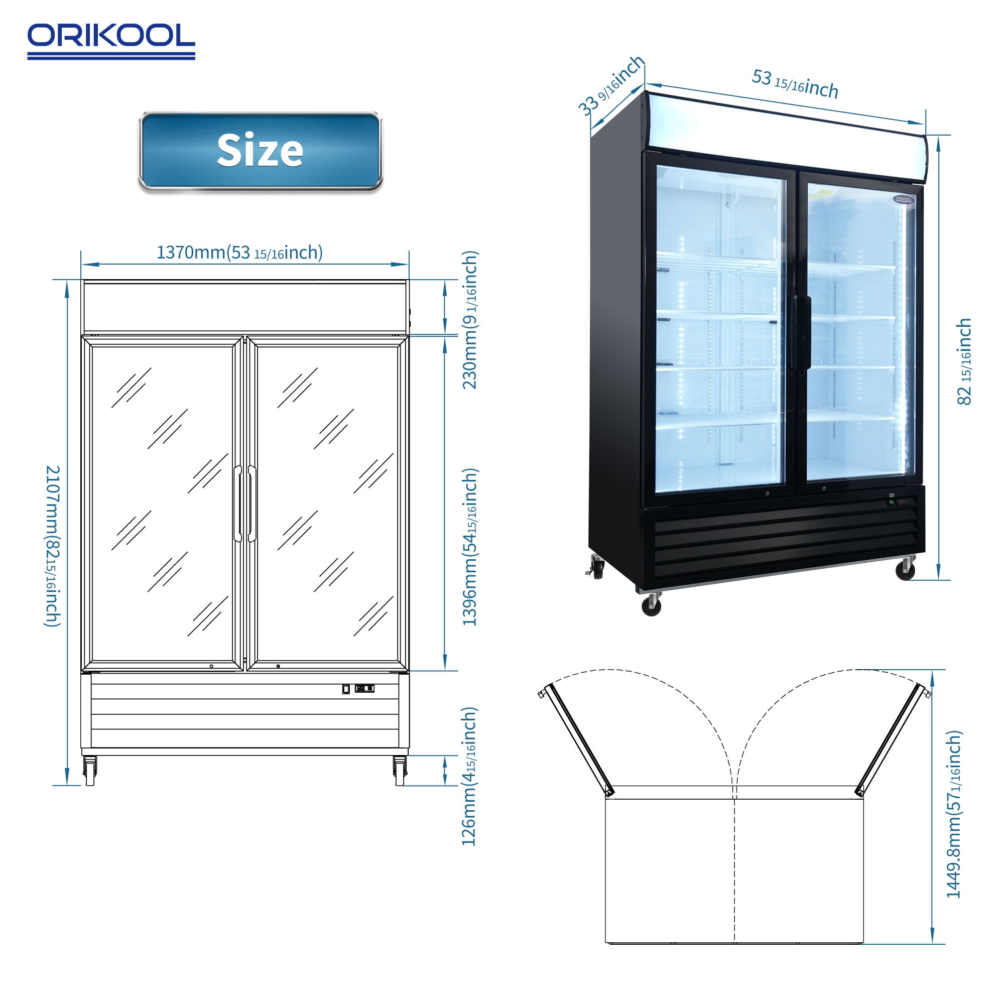 ORIKOOL 53 in Glass Door Merchandiser Refrigerator 44.7 Cu.ft Swing Door Commercial Display Refrigerators Merchandising Refrigeration with LED Top Panel