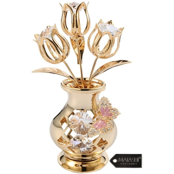 Matashi 24K Gold Plated Flower in Vase Valentine's Day Gift for Wife or Her; Decorative Butterfly and Clear Crystals Tabletop Ornament
