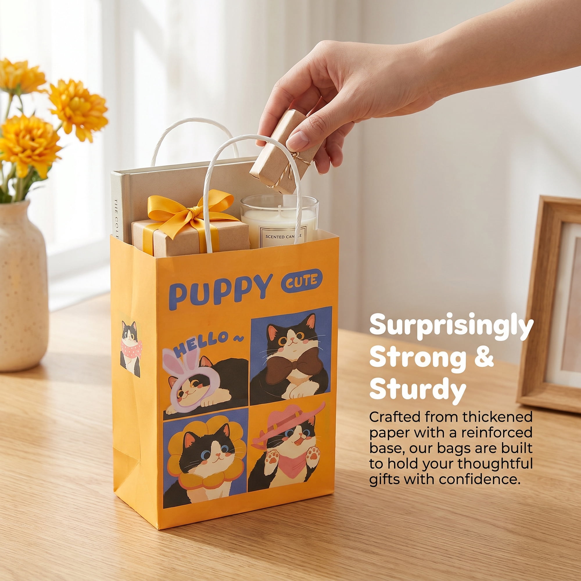Unique Bargains Cartoon Gift Bags with Handles for Occasions Yellow Cat 5.9" x 3.1" x 8.3"