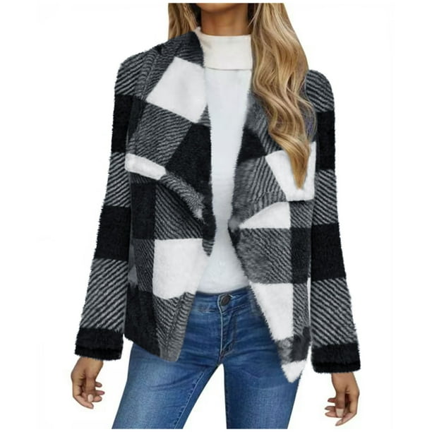 Chaqueta y abrigo informal de manga larga sin capucha para mujer, de invierno, de polar de doble cara, a cuadros, de manga larga, tipo cárdigan, abrigo, blusa de poliéster para mujer