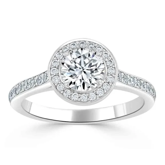 Spot Jewelry Halo 1.9 Ct Round Cut Lab Moissanite Ring - 14K White Gold Plated Anniversary Ring - Solitaire with Accents Engagement Rings - Bridal Moissanite Jewelry - Special Occasion Ring Women's