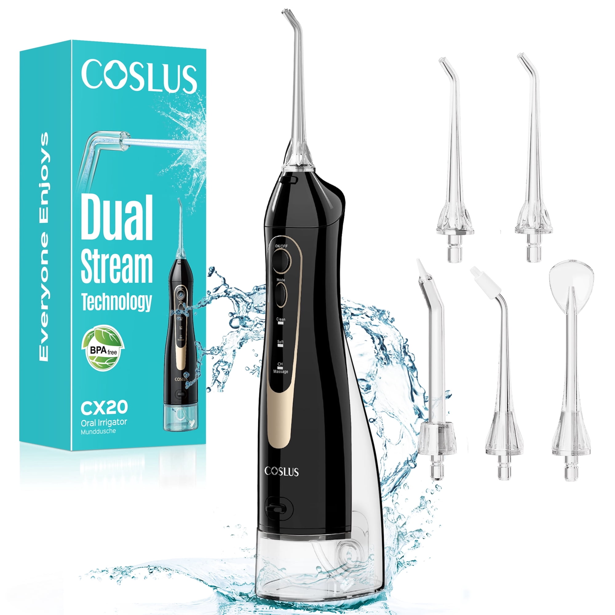 COSLUS CX20 Wate Flosser Teeth Pick,300ML Tank IPX7 Waterproof Portable Rechargeable Water Dental Flosser Oral Irrigator for Home and Travel Black