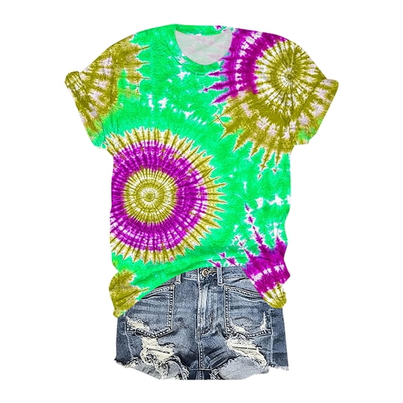 Viluyesy Womens Short Sleeve T Shirts Crew Neck Tie Dye Print Casual Loose Fit Summer Tops Green Size 3XL