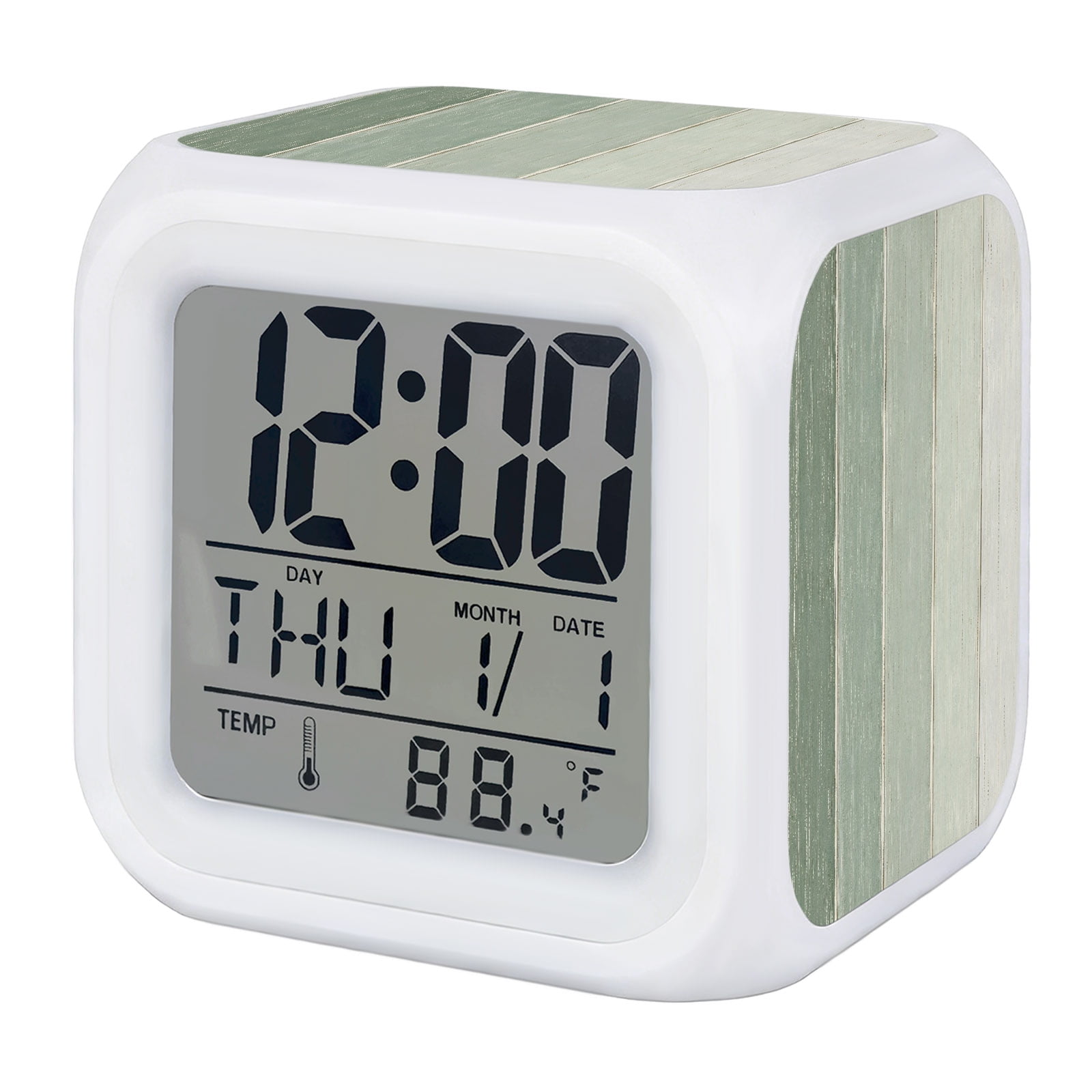 Sage Green Ombre Alarm Clock, Green Wood Grain Stripes Rustic Country Digital Clock Night Light with 7 Color, Calendar Temperature Display, LED Desk Small Clock for Bedrooms Bedside Living Room