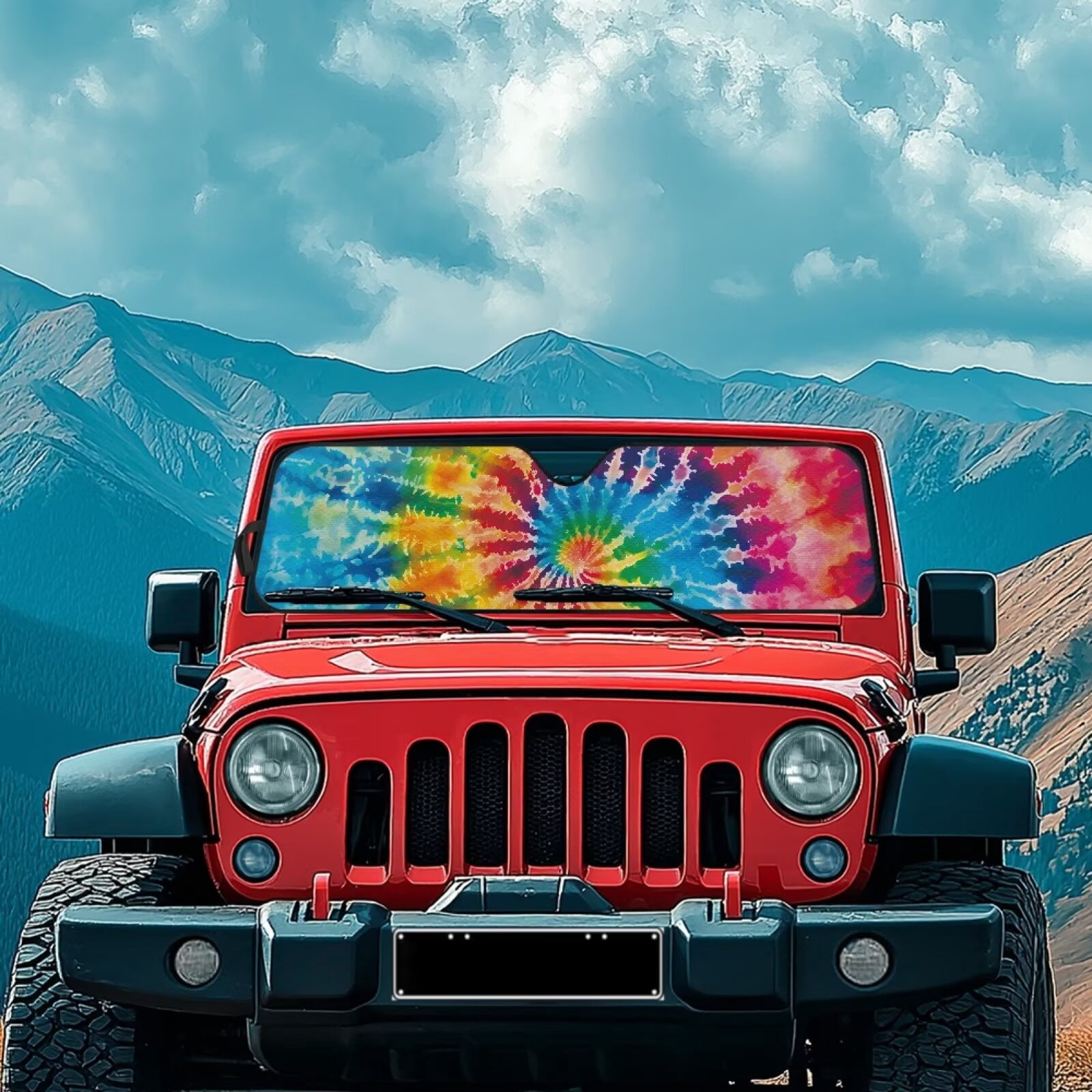Uorisanigo Windshield Sun Shade for 2007-2023 Wrangler Rubicon Sahara TJ JK JKU 2 & 4 Door - Colorful Tie Dye Sunshade Compatible with Jeep Foldable Front Window Sun Visor Block UV Rays