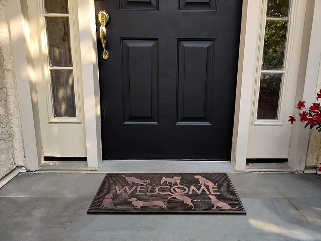 A1HC Rubber Pin Doormat Outdoor Entrance, Fun Designed Floor, Welcome Front Door Indoor Non-Slip Backing Mat for Outside, 18" X 30", Dogs Playing