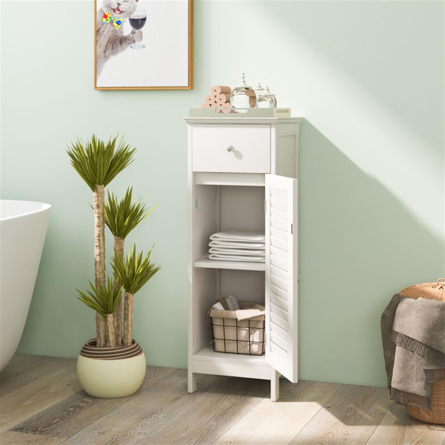 Demi Bonn Wood Bathroom Storage Cabinet, Bathroom Floor Cabinet with Drawer and Shutter Door for Bathroom, Living Room, Bedroom, Kitchen, White