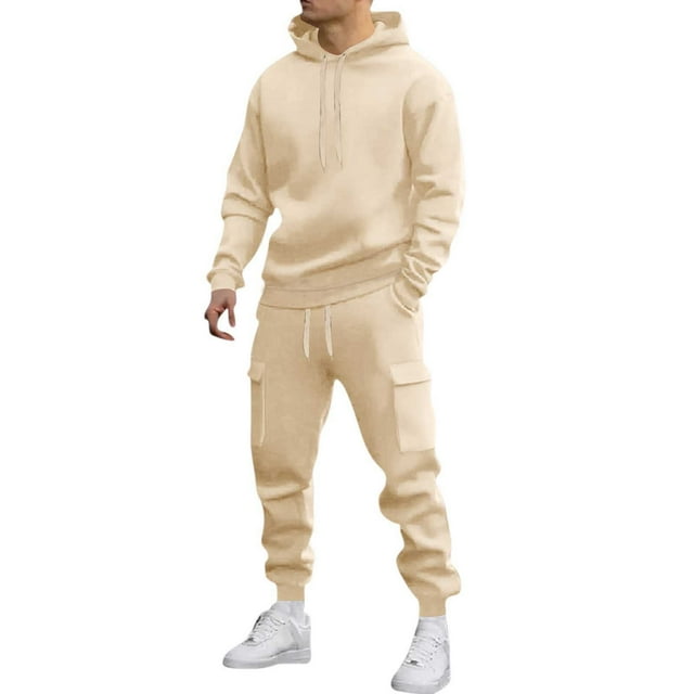 Mens Long Sleeve, Tracksuit with Hooded Pullover and Elastic Waist
