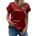 thumbnail image 2 of Bienvenido Blusa de Manga Corta Cuello Redondo Color Puro Casual Cómodo Transpirable Top Agradable para la Piel para Mujer Vino Rojo XL, 2 of 6
