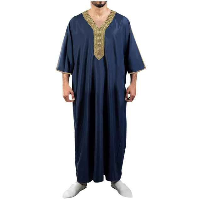 Hinvhai Robe de Loisirs pour Hommes Liquidation Manches Longues Thobe Doux Premium Marine G(L)
