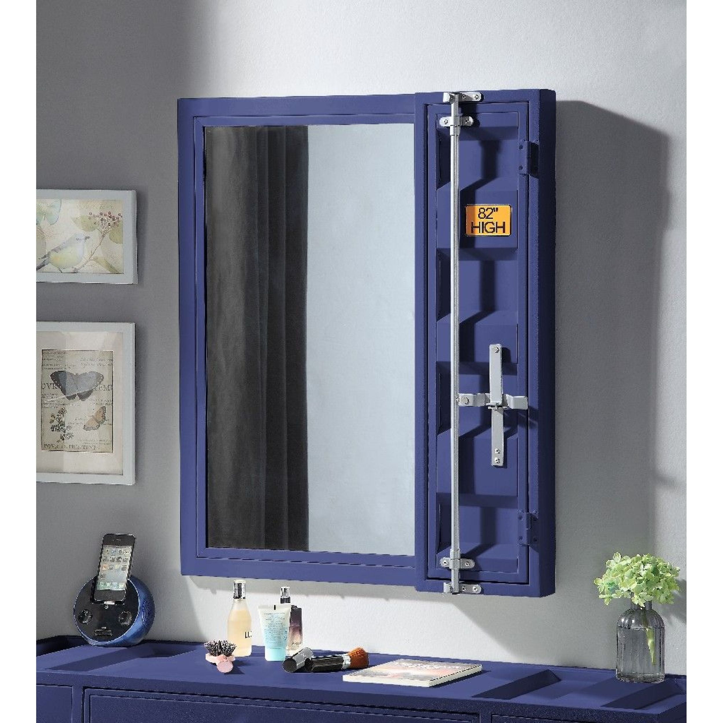 Blue Industrial Cargo Vanity Mirror with Storage Door