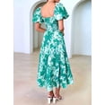 thumbnail image 4 of Women'S Summer Casual Midi Dress Puffy Short Sleeve Square Neck Smocked Tiered Ruffle Dresses Green Flowers S, 4 of 5