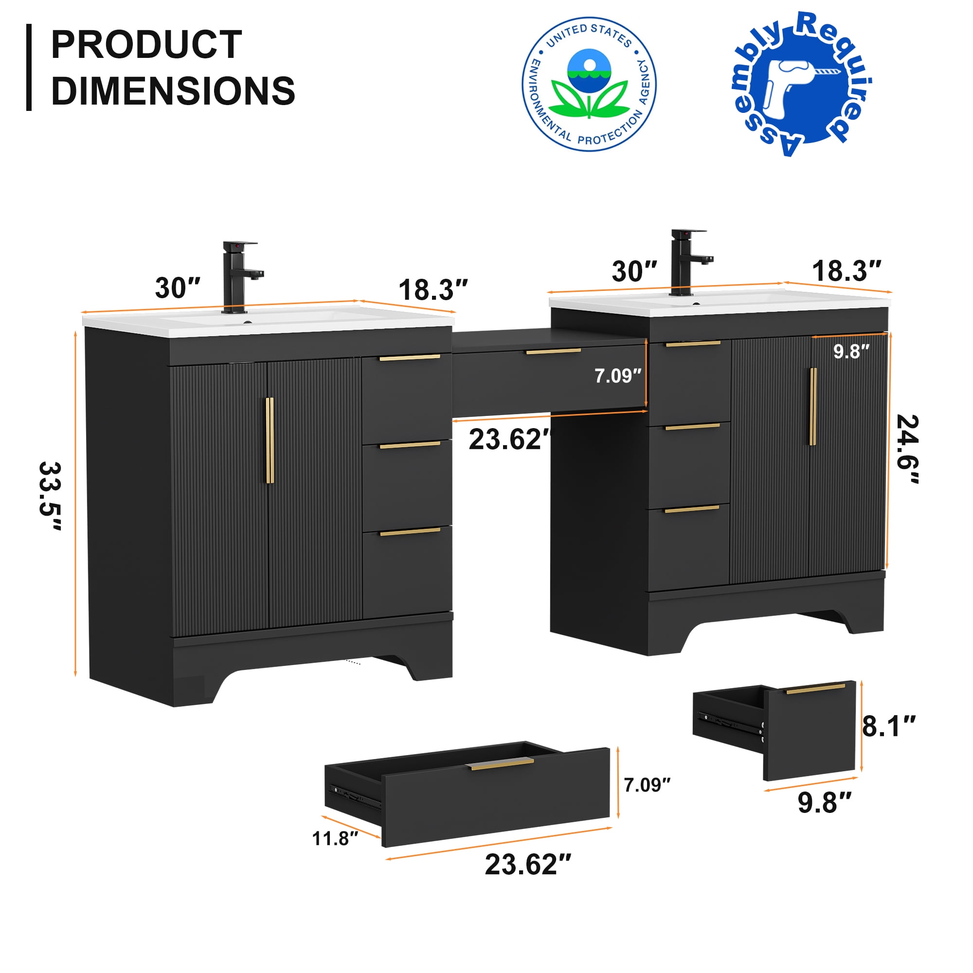 Eclife 84'' Bathroom Vanity with Double Integrated Sink, Wall-Mounted Makeup Table, Soft-Close Doors
