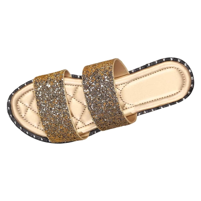 IUJSOY Women's Glitter Two Band Slides Sandals Flats Slip on Rivet Memory Foam Summer Slippers