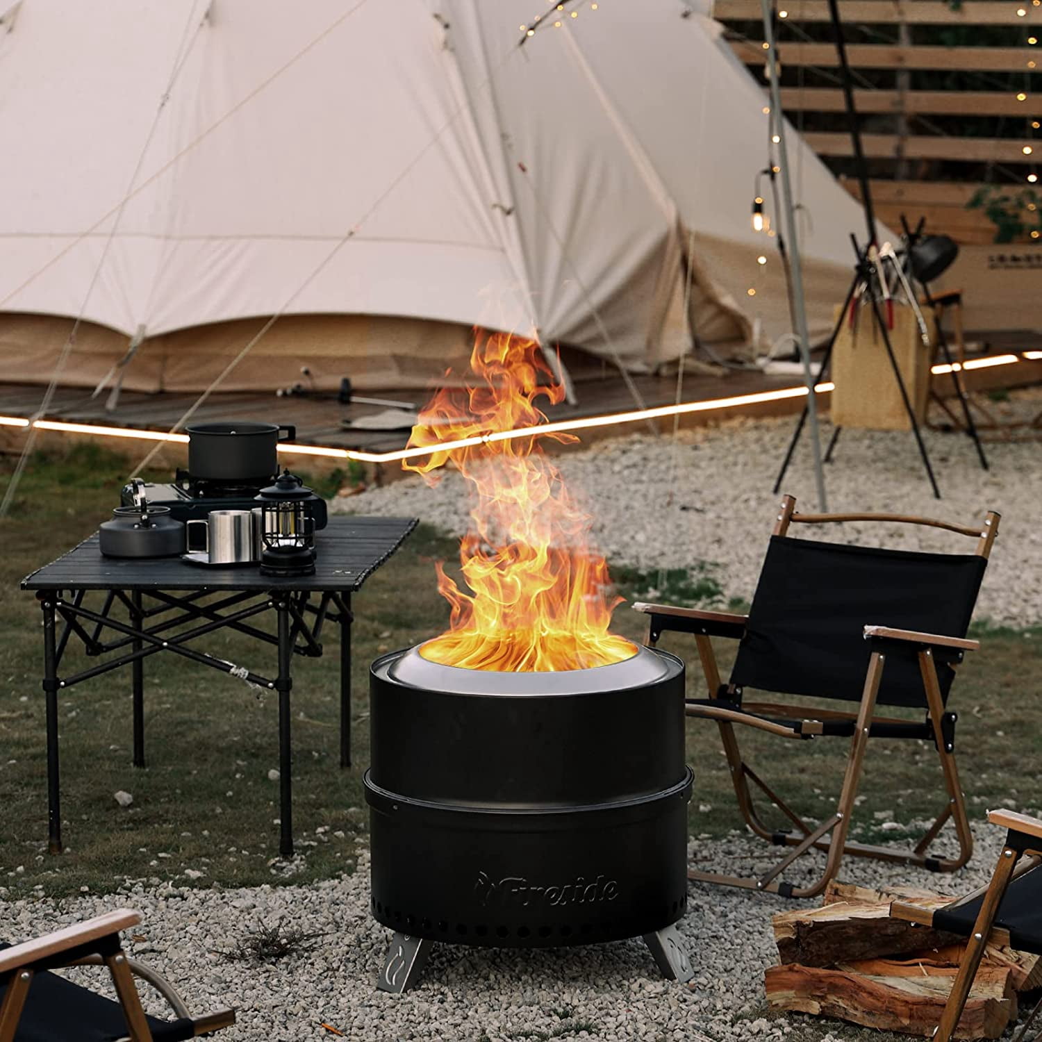 TURBRO Fireside 19 Inch Smokeless Fire Pit for Outdoor Wood Burning, Detachable Stainless Steel Camping Stove with Stand, Removable Ash Pan, Waterproof Storage Bag, Nested Design, Pluto R19-PG, Black