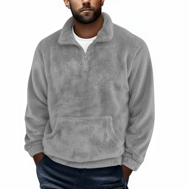 aohooy Mens Kangaroo Pocket Fleece Pullover - Fuzzy Sherpa Quarter Zip Warm Sweatshirt for Winter Fall Gray,L