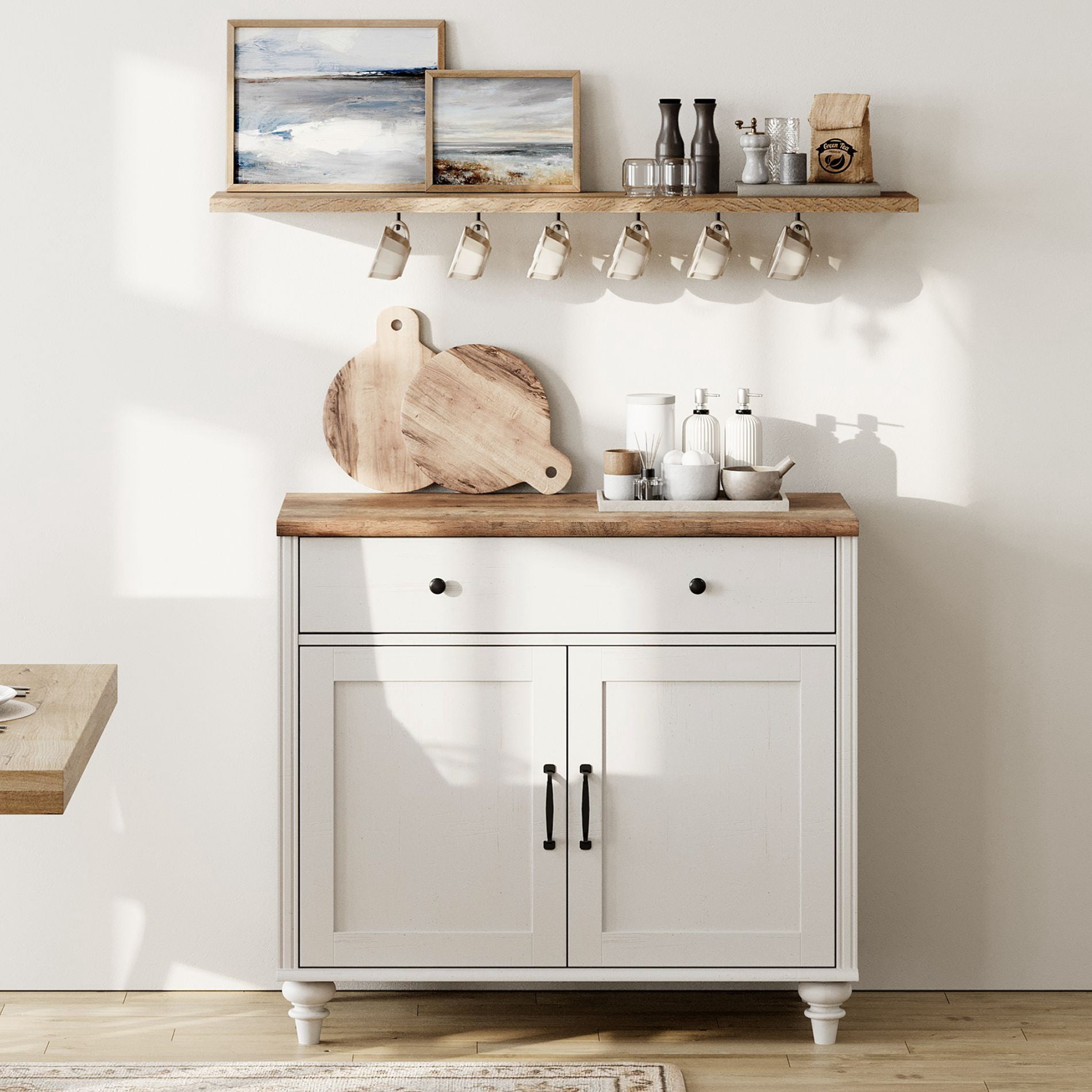 Credenzas & Sideboards with 2 Doors and 1 Drawers, Modern Farmhouse Coffee Bar Table Wooden Kitchen Buffet Cabinet with Storage Cabinets, for Dining Room, White, 34 inch
