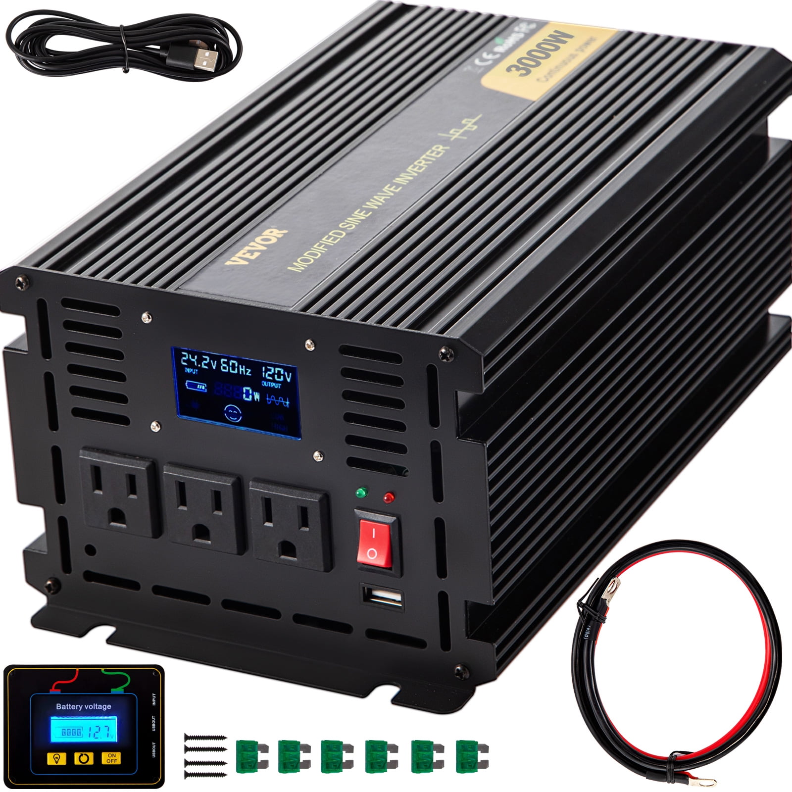 Power Inverter 1500W 12/24V to 120/220V Pure Sine Wave remote control wireless 