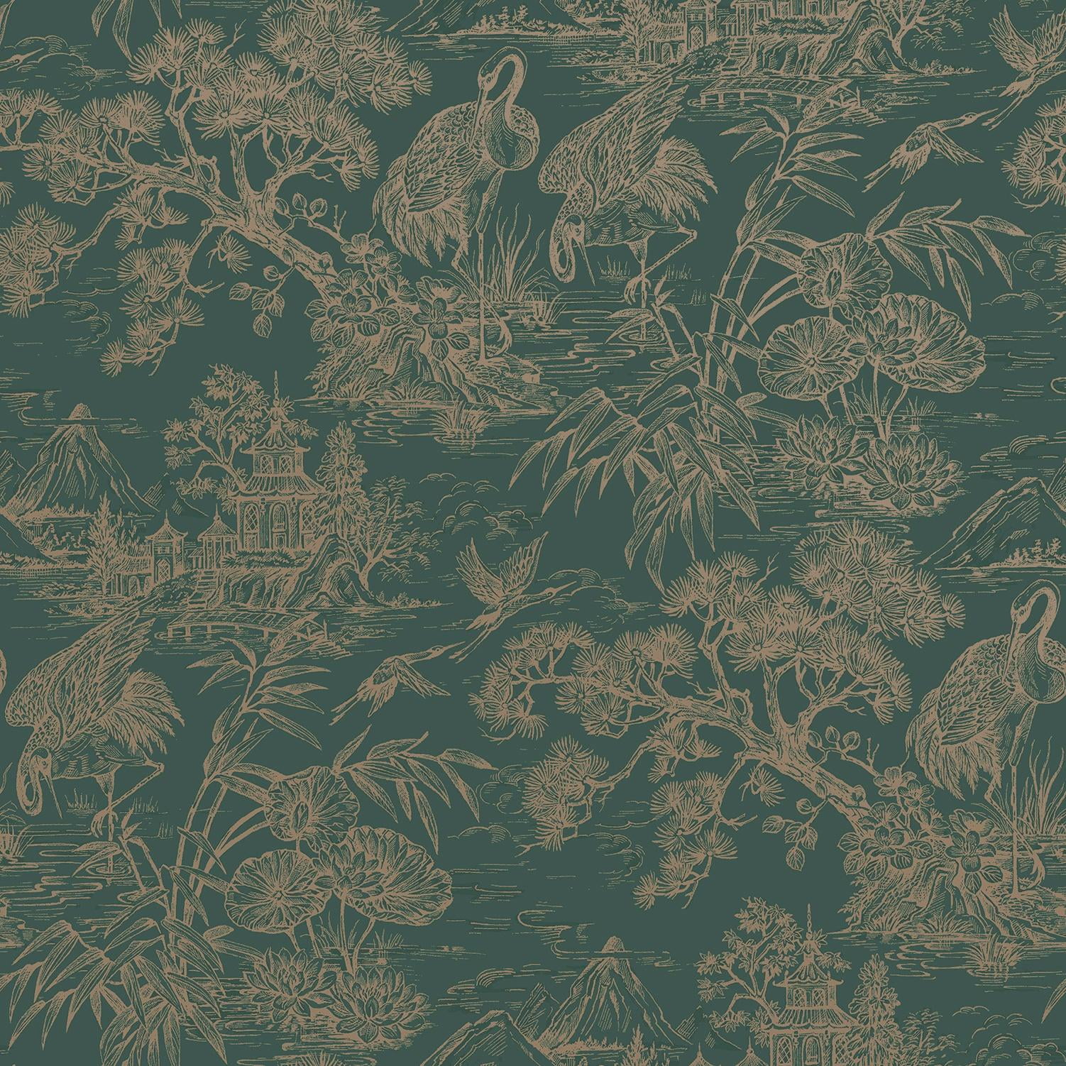 Aqua Gold Majestic Crane Tropical Wallpaper
