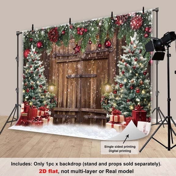 Fluzimir 10x8FT Rustic Christmas Backdrop Barn Door Backdrops for Photography Xmas Tree Snow Banner for Family Holiday Party Decoration Supplies Photo Studio Props Pictures Banner(No stand)