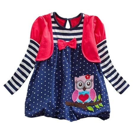 

Dadaria Baby Girl Clothes 3Y-7Y Toddler Long Sleeve Stripe Dot Cartoon Owl Party Dress Outfits Clothes Red 3-4Y Toddler
