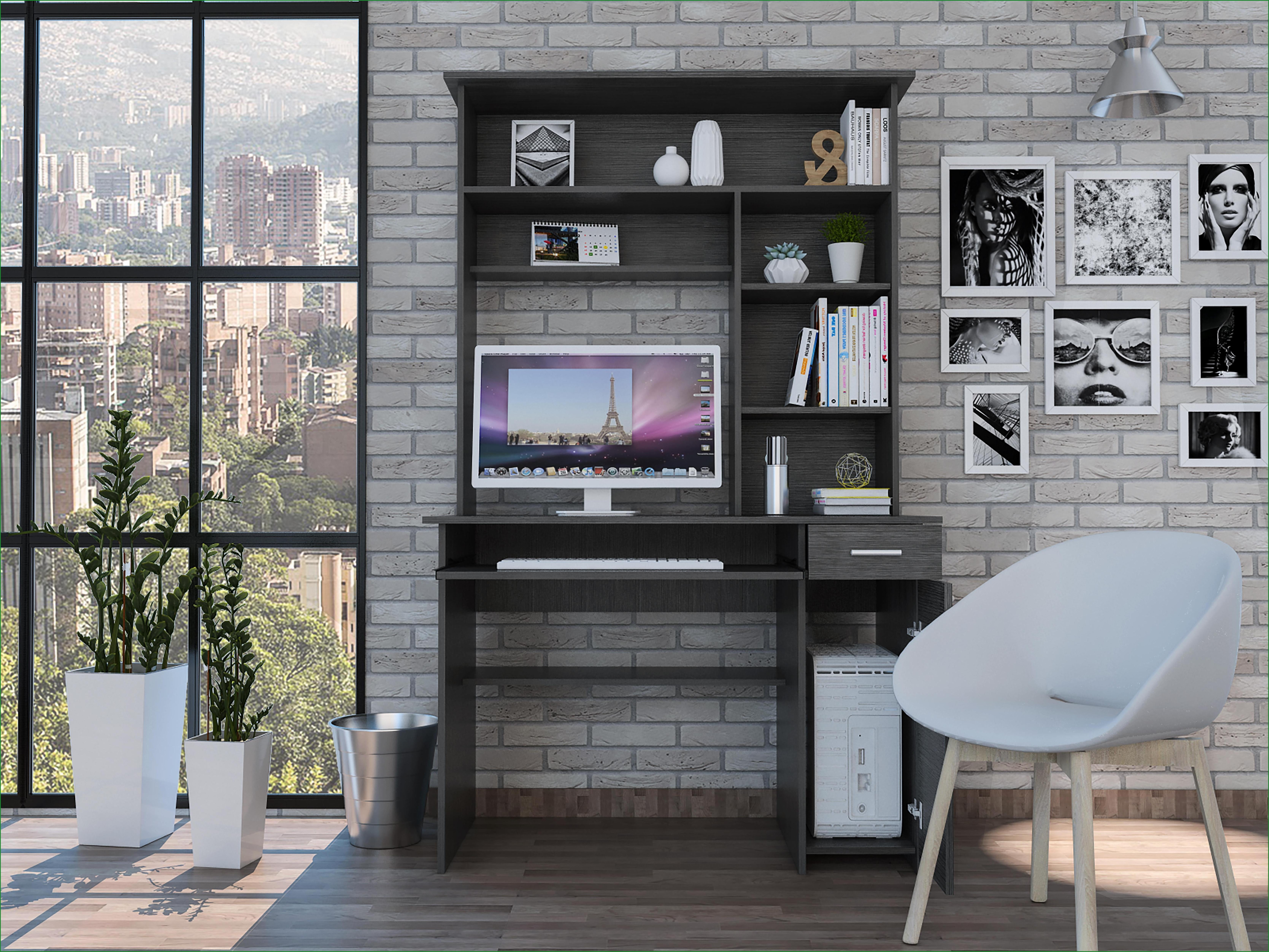 Desks: Weston Two Writing Computer Desk with Hutch, Drawer, Cabinet & 6 Shelves | 43.3"W x 22.9"D | Particle Board