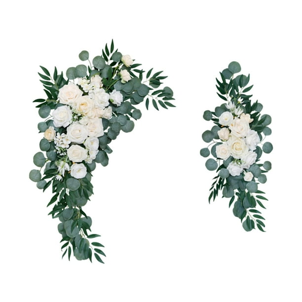 Paquete de 2 centros de mesa florales con arco para bodas, letreros de bienvenida de estilo rústico. Blanco