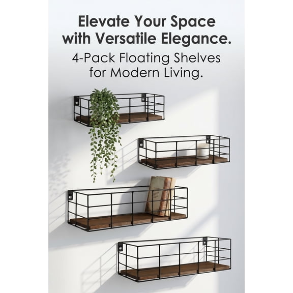 Floating Wall Shelves Set of 4, Hanging Storage Shelves Wall Mounted for Bathroom, Living Room, Bedroom, Kitchen (Paulownia Wood)