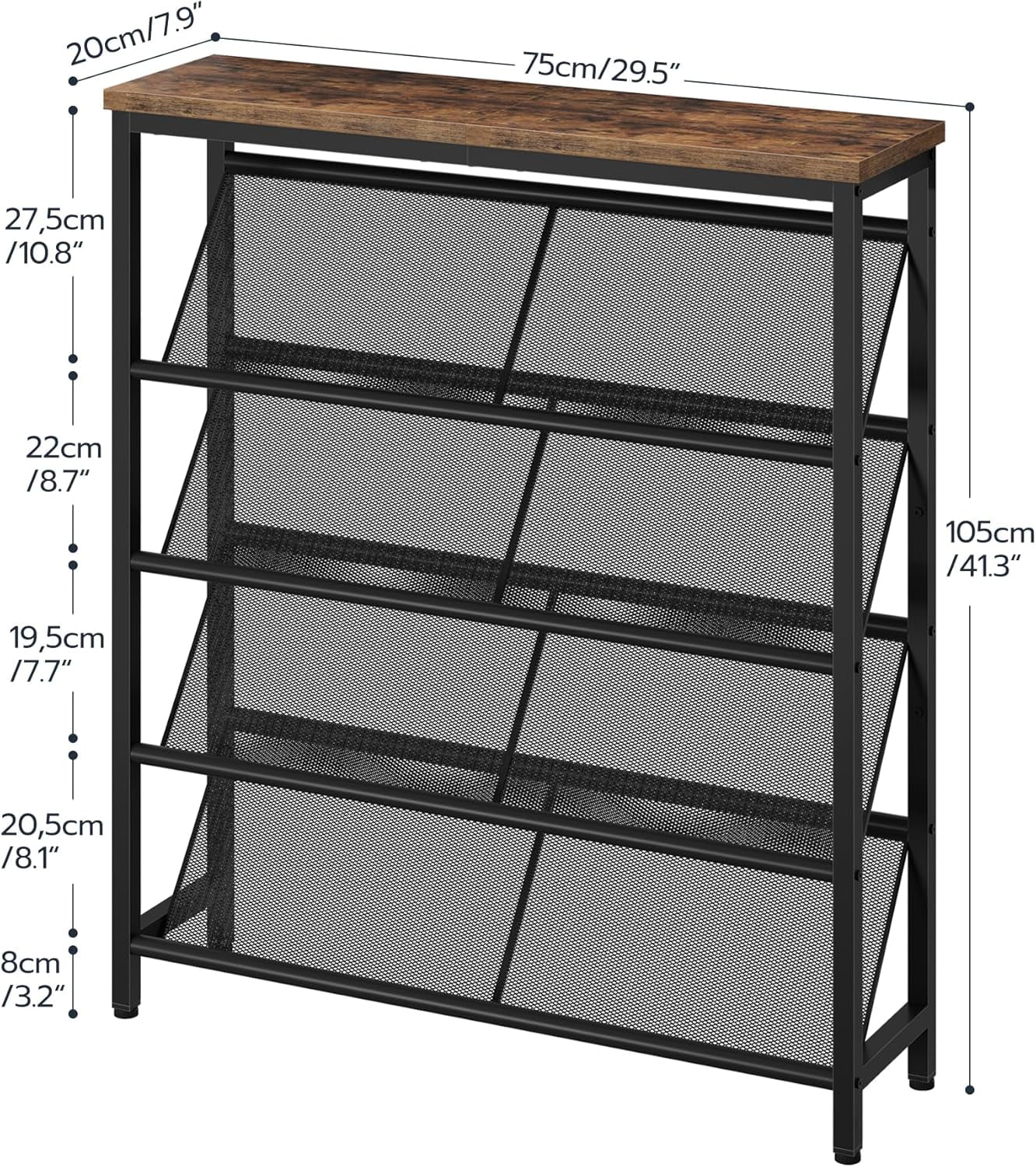 Shoe Rack, 5-Tier Slanted Shoe Storage Shelf, Narrow Shoe Rack for Entryway, Shoe Organizer with Adjustable Feet, Slim Shoe Shelf with Wooden Top and Metal Frame Rustic Brown and Black TXJ02BF