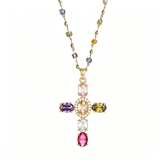 DESIGNICE Rainbow Cross Pendant Necklace Colorful Shiny Rhinestones Charm Necklace Dainty Faith Cross Pendant Necklace Faith Christian Costume Accessories Jewelry for Women