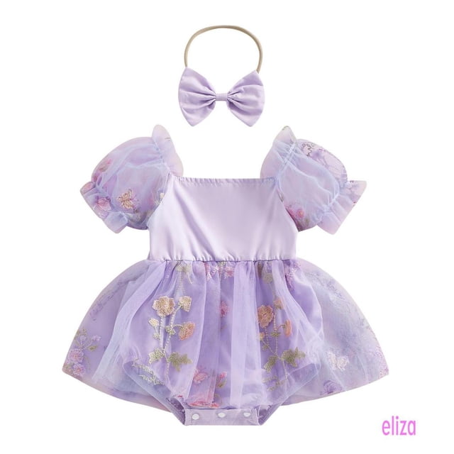 Eliza-0-24 Meses Bebé Niñas Floral Malla Romoper Vestido Puff Manga Corta Bodys Con Diadema
