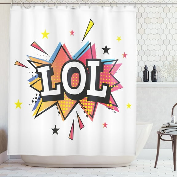 LOL Shower Curtain, Comic Cartoon Style Speech Bubble with LOL Text Halftone Background with Colorful Stars, Fabric Bathroom Set with Hooks, 69W X 75L Inches Long, Multicolor, by Ambesonne